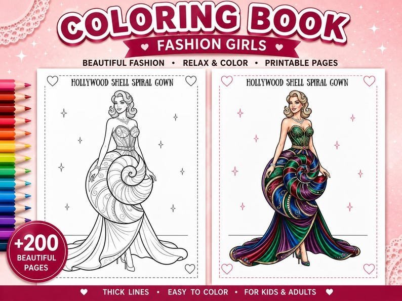200+ Fashion Coloring Pages, Fashion Coloring Book for Adults & Teens, Elegant Dress Gown Coloring Pages, Printable PDF Download