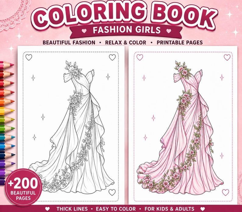 200+ Fashion Coloring Pages, Fashion Coloring Book for Adults & Teens, Elegant Dress Gown Coloring Pages, Printable PDF Download