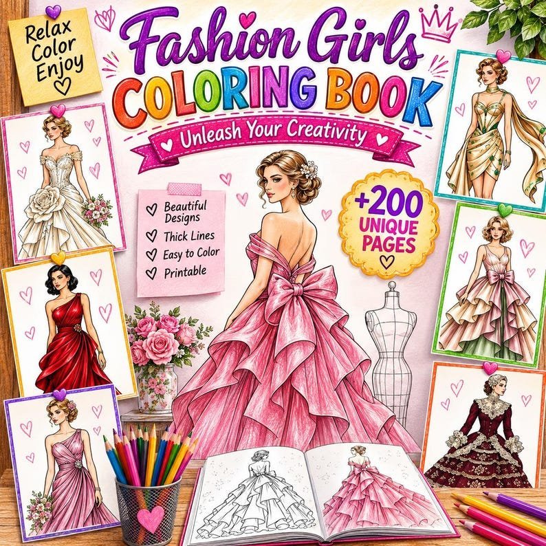 Dress Coloring Pages, Fashion Coloring Book 200+ Printable Gowns & Couture Designs, Adults Teens, Grayscale PDF Instant Download