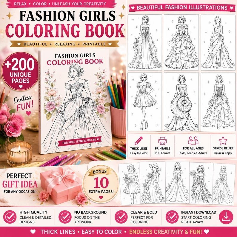200+ Fashion Coloring Pages, Fashion Coloring Book for Adults & Teens, Elegant Dress Gown Coloring Pages, Printable PDF Download