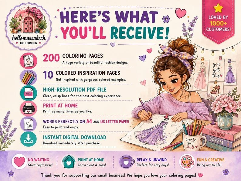 Dress Coloring Pages, Fashion Coloring Book 200+ Printable Gowns & Couture Designs, Adults Teens, Grayscale PDF Instant Download