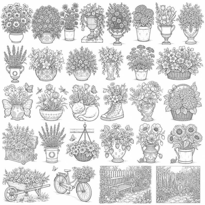 200 Potted Flowers Coloring Pages, Botanical Coloring Book, Printable Floral Coloring Pages, Adult Coloring Book, Instant PDF Download