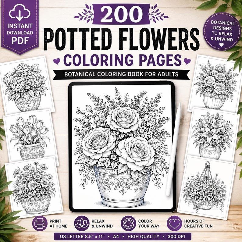 Potted Flowers Coloring Pages, 200 Printable Botanical Coloring Book, Light & Dark Floral Designs, Adults Teens PDF Instant Download