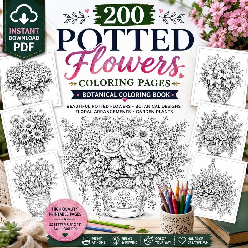 Potted Flowers Coloring Pages, 200 Printable Botanical Coloring Book, Light & Dark Floral Designs, Adults Teens PDF Instant Download