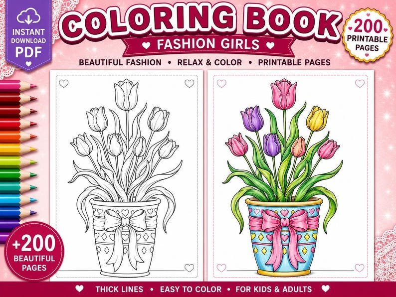Botanical Coloring Book, 200 Potted Flower Coloring Pages, Floral Garden Coloring for Adults, Printable Coloring Pages PDF Download