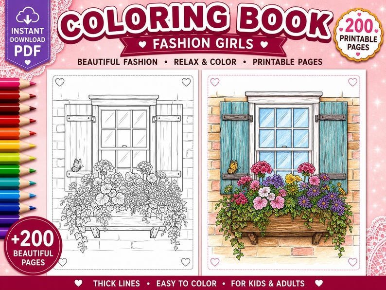Botanical Coloring Book, 200 Potted Flower Coloring Pages, Floral Garden Coloring for Adults, Printable Coloring Pages PDF Download