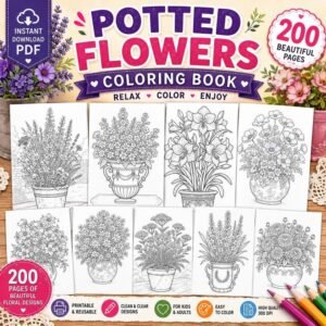 Botanical Coloring Book, 200 Potted Flower Coloring Pages, Floral Garden Coloring for Adults, Printable Coloring Pages PDF Download