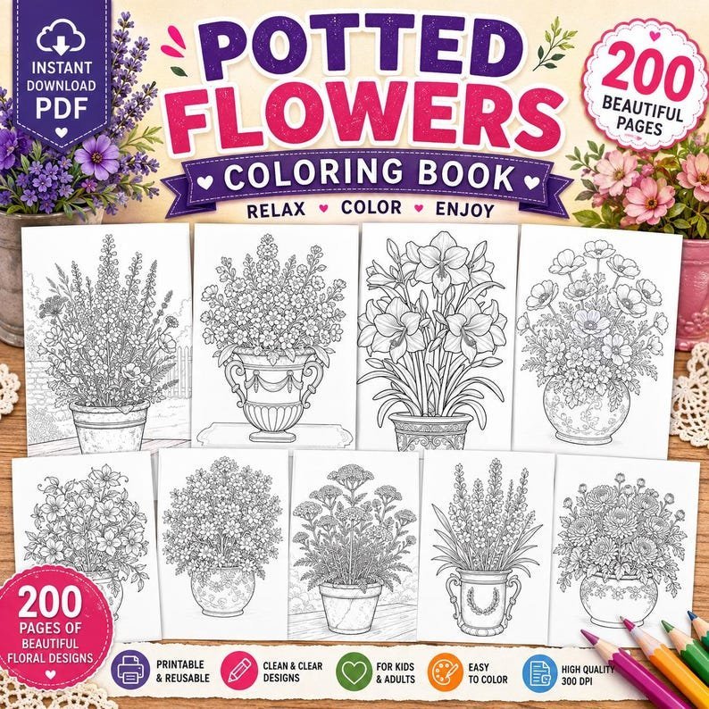 Botanical Coloring Book, 200 Potted Flower Coloring Pages, Floral Garden Coloring for Adults, Printable Coloring Pages PDF Download