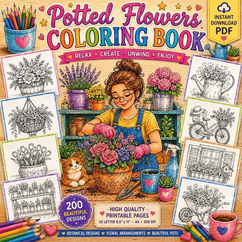 Botanical Coloring Book, 200 Potted Flower Coloring Pages, Floral Garden Coloring for Adults, Printable Coloring Pages PDF Download