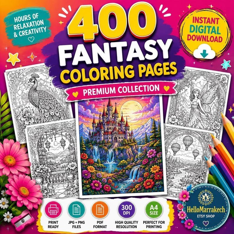 400 Stained Glass Coloring Pages, Fantasy Window Coloring Book, Gothic Art Nouveau Designs, Printable Adult Coloring Pages, Digital PDF