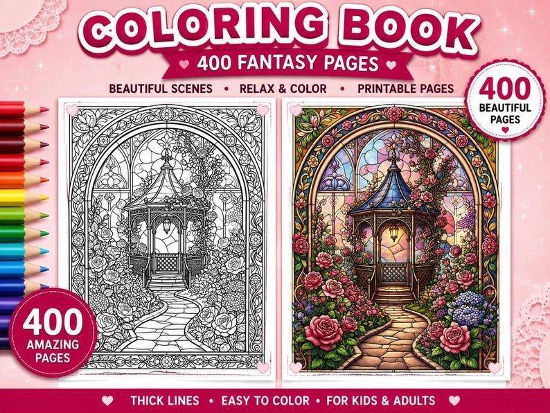 400 Stained Glass Coloring Pages, Fantasy Window Coloring Book, Gothic Art Nouveau Designs, Printable Adult Coloring Pages, Digital PDF