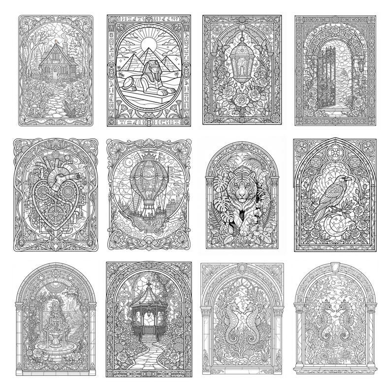 400 Stained Glass Coloring Pages, Fantasy Window Coloring Book, Gothic Art Nouveau Designs, Printable Adult Coloring Pages, Digital PDF
