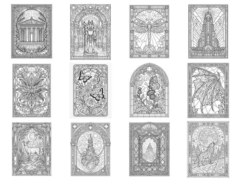 400 Stained Glass Coloring Pages, Fantasy Window Coloring Book, Gothic Art Nouveau Designs, Printable Adult Coloring Pages, Digital PDF
