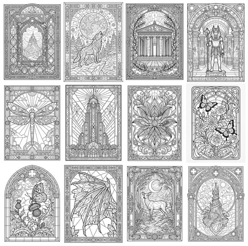 400 Stained Glass Coloring Pages, Fantasy Window Coloring Book, Gothic Art Nouveau Designs, Printable Adult Coloring Pages, Digital PDF