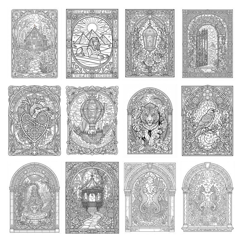 Stained Glass Coloring Book, Fantasy Window Coloring Pages, Gothic & Art Nouveau Designs, Printable PDF for Adults