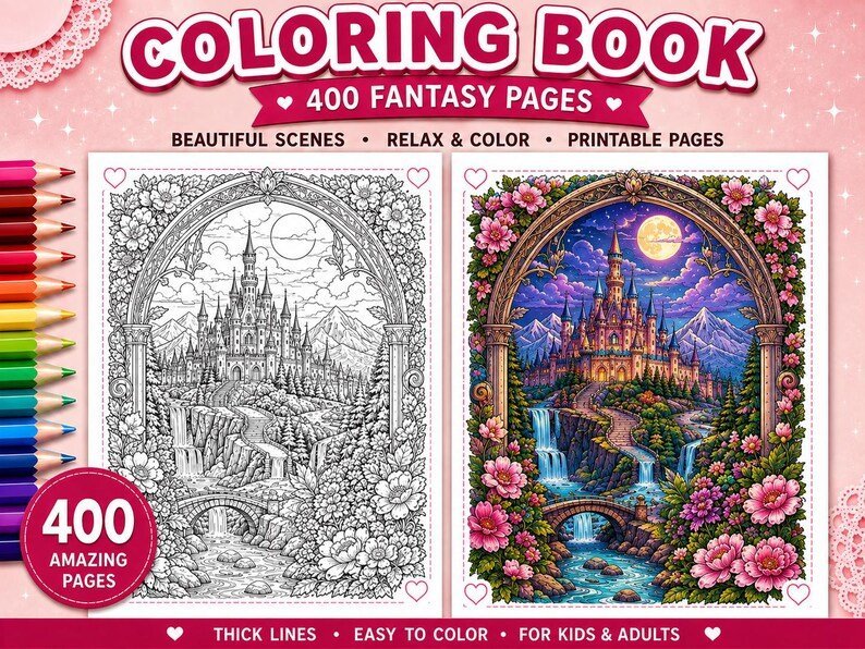 Stained Glass Coloring Book, Fantasy Window Coloring Pages, Gothic & Art Nouveau Designs, Printable PDF for Adults