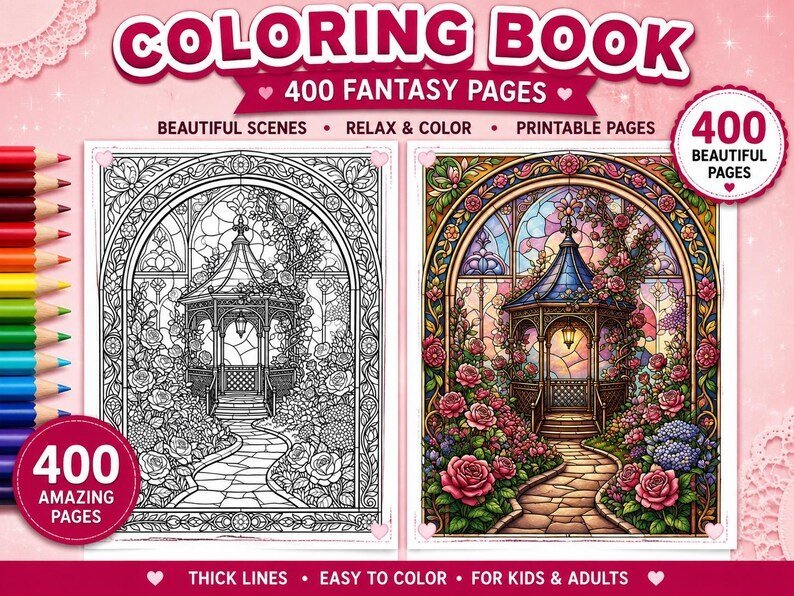 Stained Glass Coloring Book, Fantasy Window Coloring Pages, Gothic & Art Nouveau Designs, Printable PDF for Adults