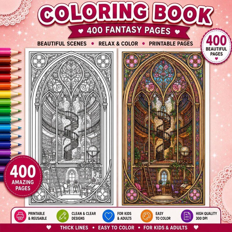 Stained Glass Coloring Book, Fantasy Window Coloring Pages, Gothic & Art Nouveau Designs, Printable PDF for Adults
