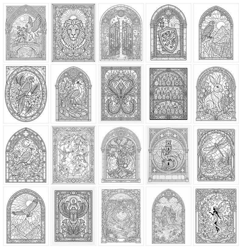 Stained Glass Coloring Book, Fantasy Window Coloring Pages, Gothic & Art Nouveau Designs, Printable PDF for Adults