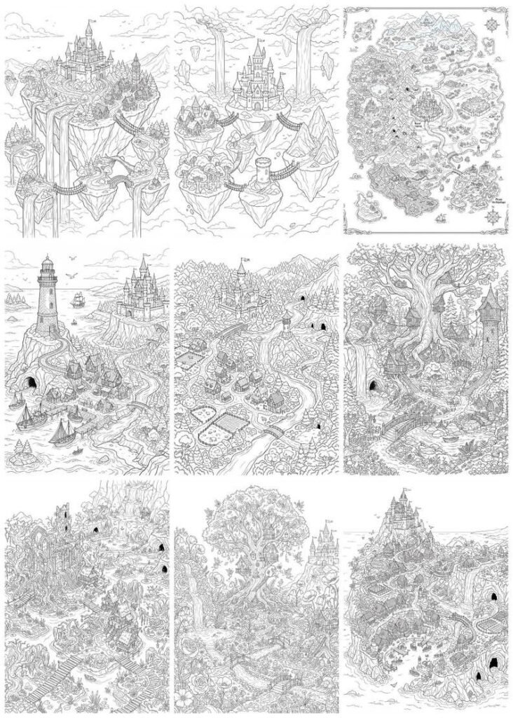 200 Map Coloring Pages, Printable Fantasy Maps, Adventure Coloring Book, Magical Kingdom Maps, Adult Coloring, (PDF Download)
