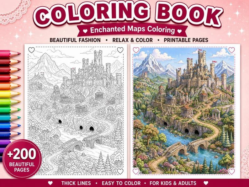 200 Enchanted Maps Coloring Pages, Magical Map Coloring Book, Printable Adventure Maps, Mystical Worlds, Adult Coloring, Digital Download