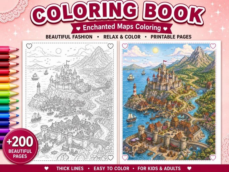 200 Enchanted Maps Coloring Pages, Magical Map Coloring Book, Printable Adventure Maps, Mystical Worlds, Adult Coloring, Digital Download