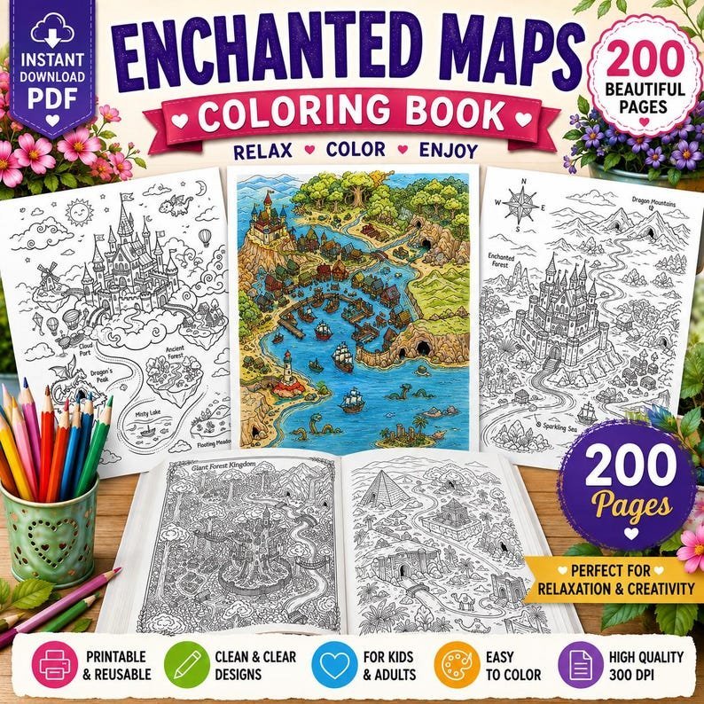 200 Enchanted Maps Coloring Pages, Magical Map Coloring Book, Printable Adventure Maps, Mystical Worlds, Adult Coloring, Digital Download