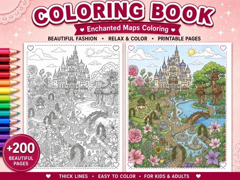 200 Enchanted Maps Coloring Pages, Magical Map Coloring Book, Printable Adventure Maps, Mystical Worlds, Adult Coloring, Digital Download