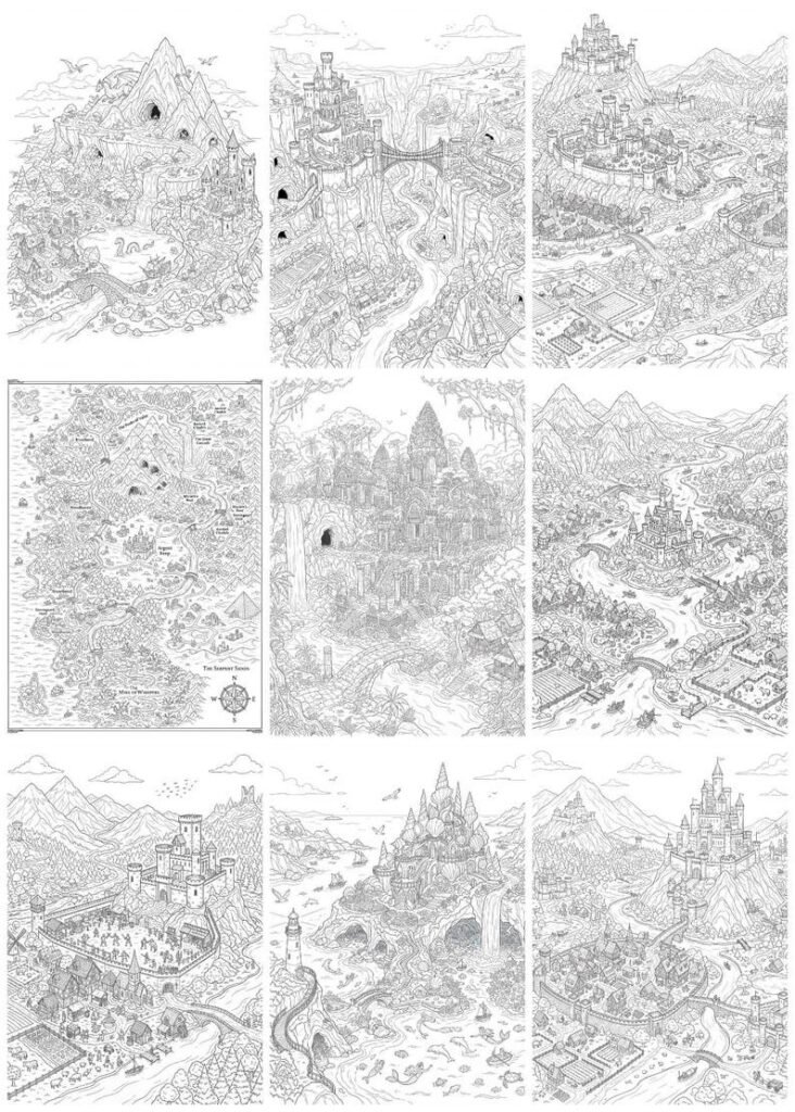 200 Enchanted Maps Coloring Pages, Magical Map Coloring Book, Printable Adventure Maps, Mystical Worlds, Adult Coloring, Digital Download