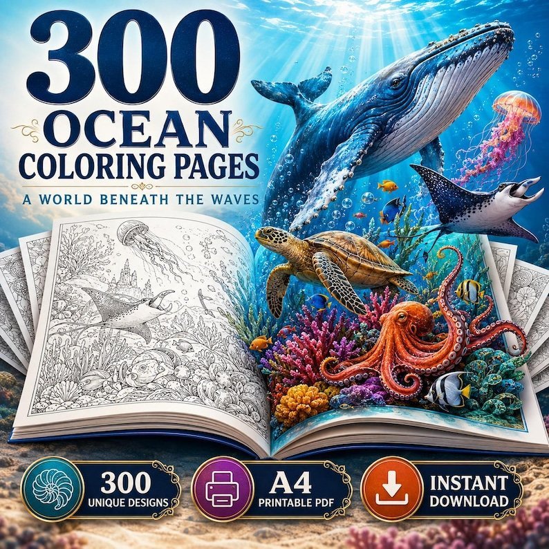 300 Ocean Coloring Pages for Adults & Kids, Sea Creatures Marine Life Coloring Book, Under the Sea Printable A4 PDF, Instant Download