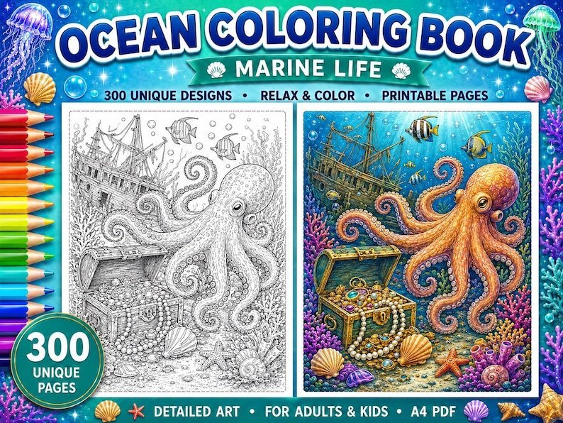 300 Ocean Coloring Pages for Adults & Kids, Sea Creatures Marine Life Coloring Book, Under the Sea Printable A4 PDF, Instant Download