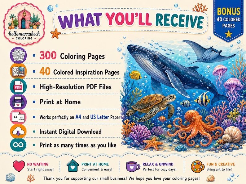 300 Ocean Coloring Pages for Adults & Kids, Sea Creatures Marine Life Coloring Book, Under the Sea Printable A4 PDF, Instant Download