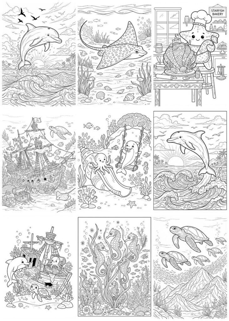 300 Ocean Coloring Pages for Adults & Kids, Sea Creatures Marine Life Coloring Book, Under the Sea Printable A4 PDF, Instant Download