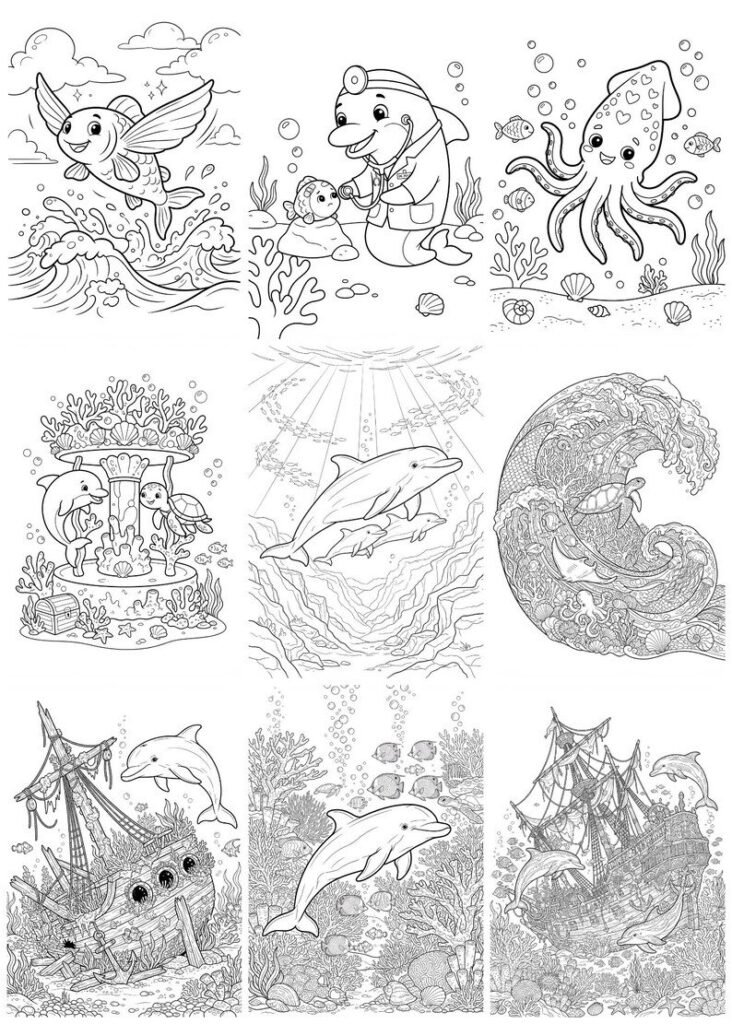300 Ocean Coloring Pages for Adults & Kids, Sea Creatures Marine Life Coloring Book, Under the Sea Printable A4 PDF, Instant Download