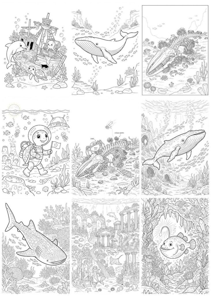 300 Ocean Coloring Pages for Adults & Kids, Sea Creatures Marine Life Coloring Book, Under the Sea Printable A4 PDF, Instant Download