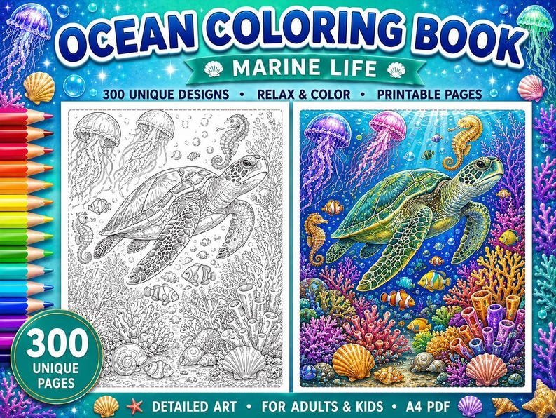 300 Under the Sea Coloring Pages Bundle, Ocean Animals & Marine Life Coloring Book for Adults and Kids, Printable A4 PDF Download