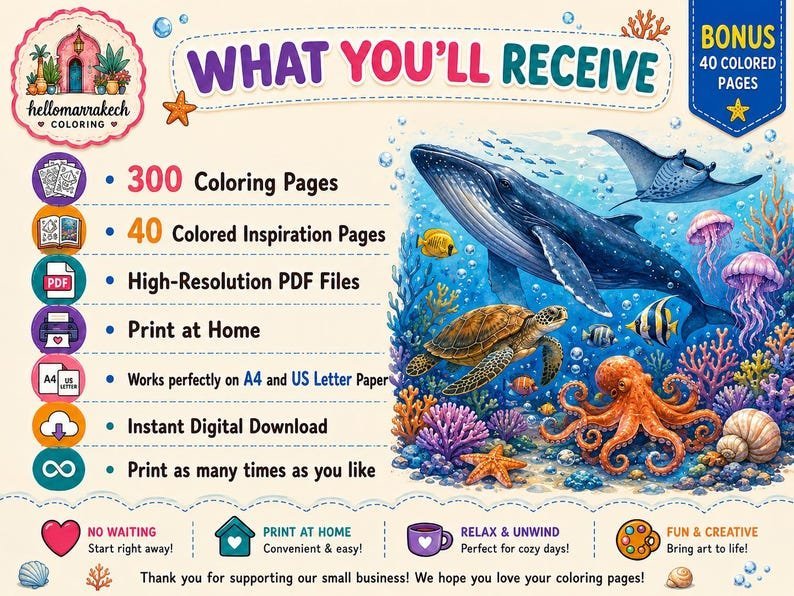 300 Under the Sea Coloring Pages Bundle, Ocean Animals & Marine Life Coloring Book for Adults and Kids, Printable A4 PDF Download