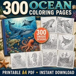 300 Under the Sea Coloring Pages Bundle, Ocean Animals & Marine Life Coloring Book for Adults and Kids, Printable A4 PDF Download