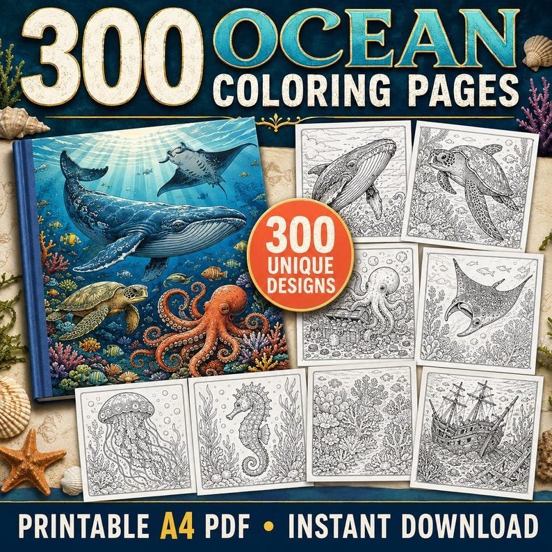 300 Under the Sea Coloring Pages Bundle, Ocean Animals & Marine Life Coloring Book for Adults and Kids, Printable A4 PDF Download