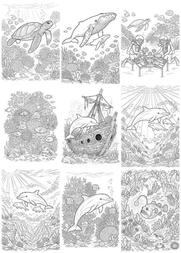 300 Under the Sea Coloring Pages Bundle, Ocean Animals & Marine Life Coloring Book for Adults and Kids, Printable A4 PDF Download