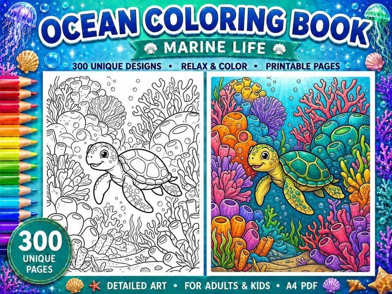 300 Ocean Coloring Pages, Adult Coloring Book, Sea Creatures, Marine Life, Stress Relief Coloring Sheets, Printable PDF Digital Download