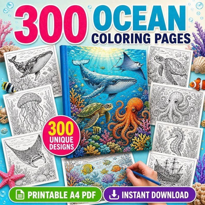 300 Ocean Coloring Pages, Adult Coloring Book, Sea Creatures, Marine Life, Stress Relief Coloring Sheets, Printable PDF Digital Download