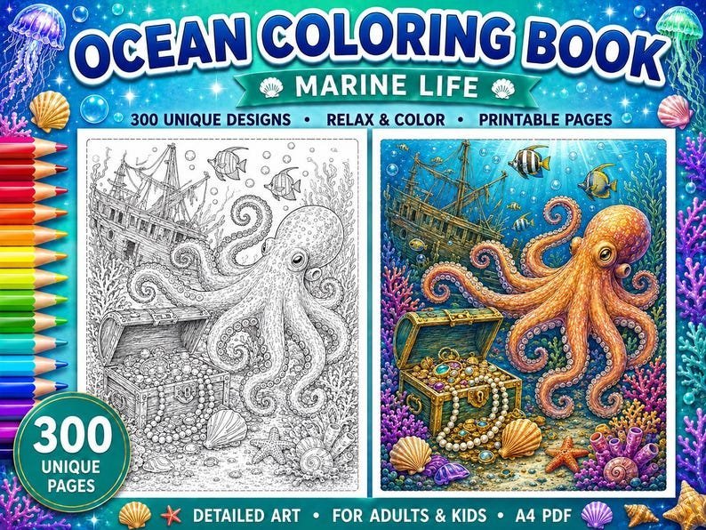 300 Ocean Coloring Pages, Adult Coloring Book, Sea Creatures, Marine Life, Stress Relief Coloring Sheets, Printable PDF Digital Download