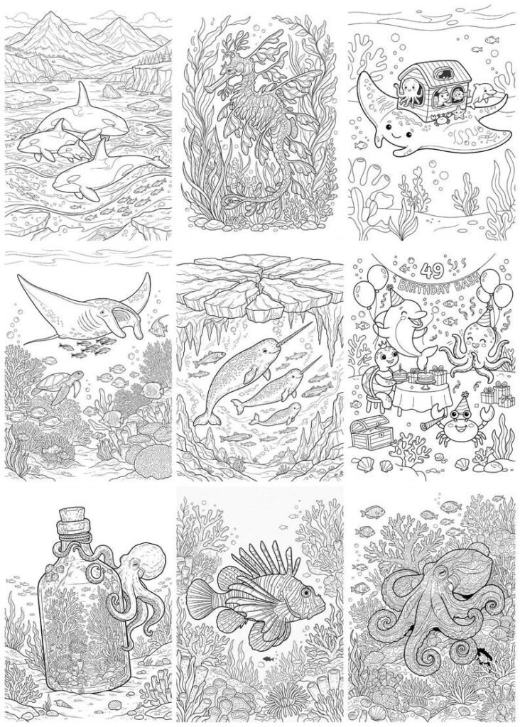 300 Ocean Coloring Pages, Adult Coloring Book, Sea Creatures, Marine Life, Stress Relief Coloring Sheets, Printable PDF Digital Download