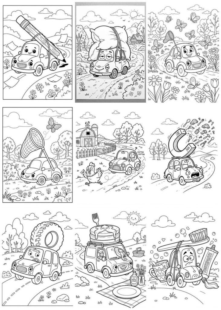 80 Car Coloring Pages for Kids Ages 6-8, Funny Car Coloring Book, Cute Vehicle Coloring Pages, Printable Kids Activity Book Digital Download