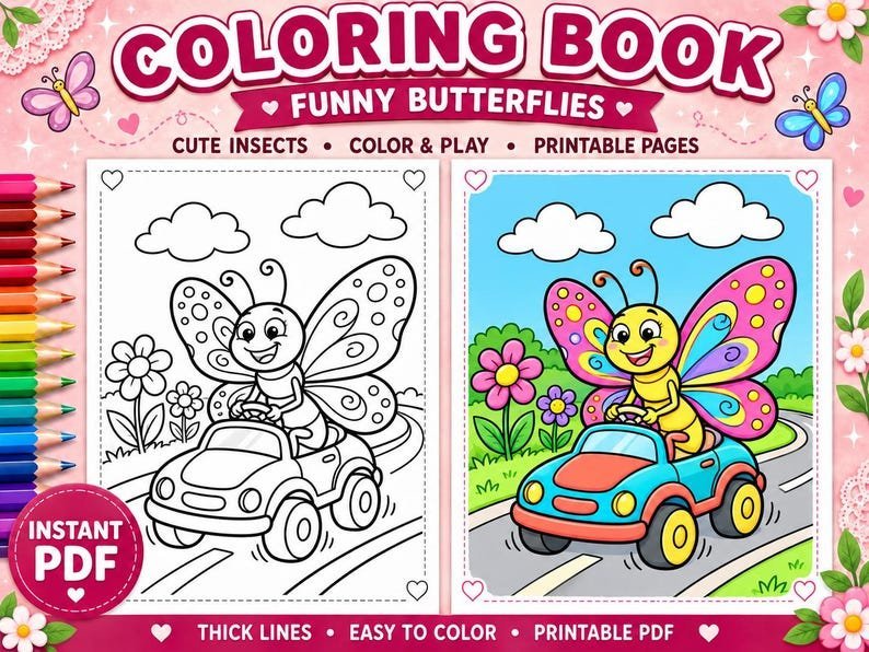 Butterfly Coloring Pages for Kids, 100 Funny Butterfly Coloring Pages, Cute Insect Coloring Book, Printable Coloring Sheets, Kids Activity