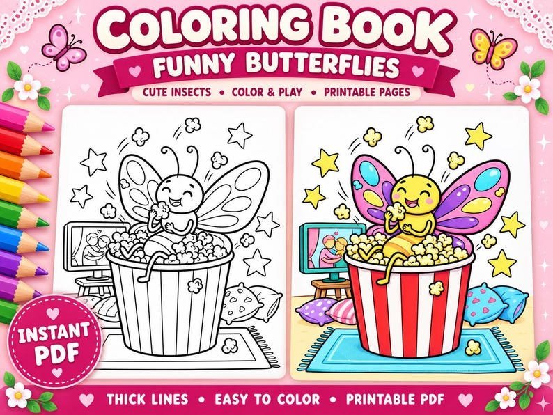 Butterfly Coloring Pages for Kids, 60 Funny Butterfly Coloring Pages, Cute Insect Coloring Book, Printable Coloring Sheets, Kids Activity