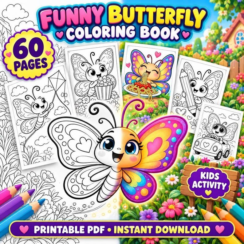 Butterfly Coloring Pages for Kids, 60 Funny Butterfly Coloring Pages, Cute Insect Coloring Book, Printable Coloring Sheets, Kids Activity