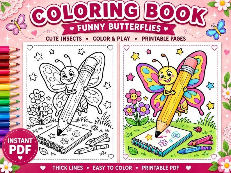 Butterfly Coloring Pages for Kids, 60 Funny Butterfly Coloring Pages, Cute Insect Coloring Book, Printable Coloring Sheets, Kids Activity