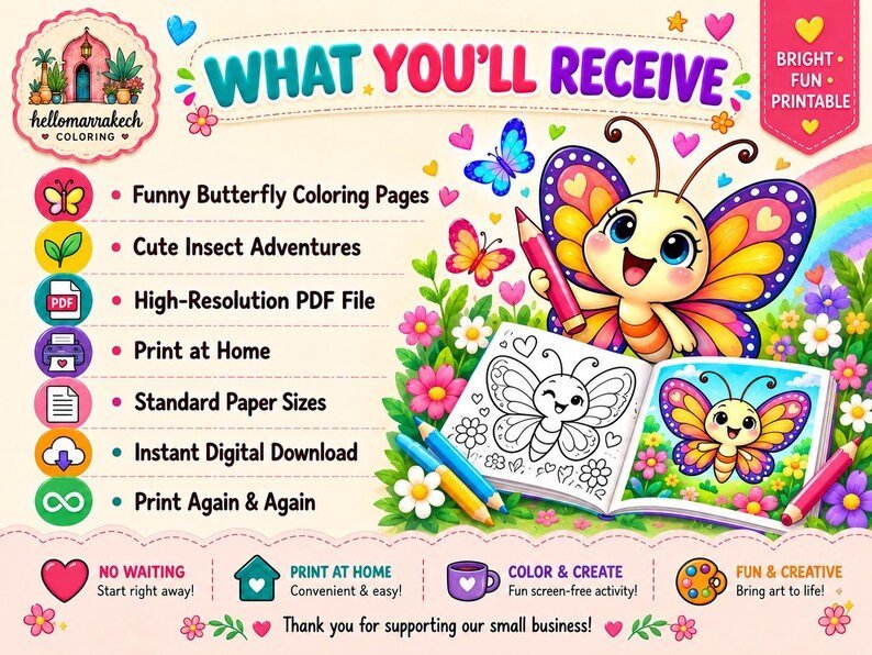 140 Coloring Pages for Kids, Funny Cute Butterfly Coloring Book, Printable Insect Coloring Sheets, Kids Activity Pages Digital Download